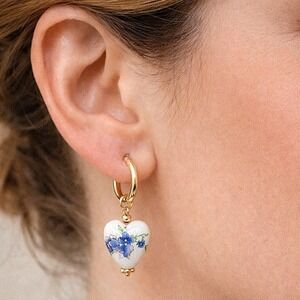 Gold hoop Floral Boho Heart Cottagecore earrings Ceramic Dainty Blue 💖2/$30